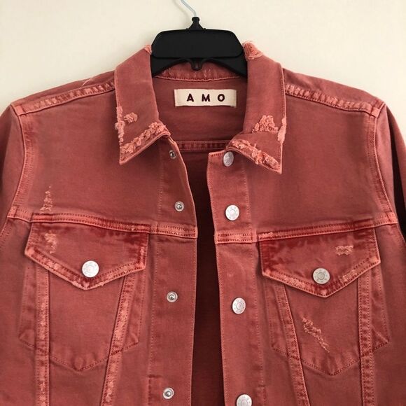 NWT AMO denim jean jacket Size M distressed rust coral Country Nashville Rodeo - Picture 7 of 16